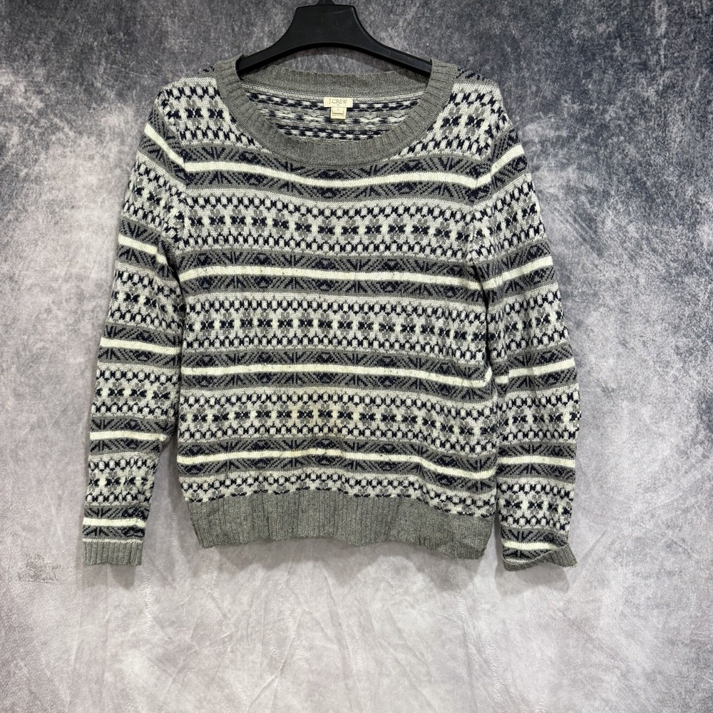 J Crew Merino Wool Blend Fair Isle Sweater Womens size L Gray Long Sleeve